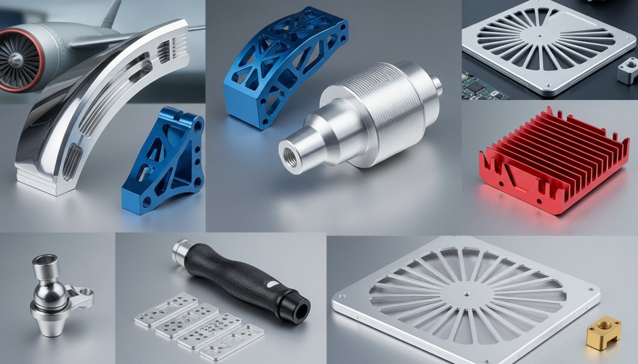 A collage of high-precision CNC machined aluminum parts, showcasing diverse finishes like anodized and polished. The image highlights intricate ge - 副本.jpg